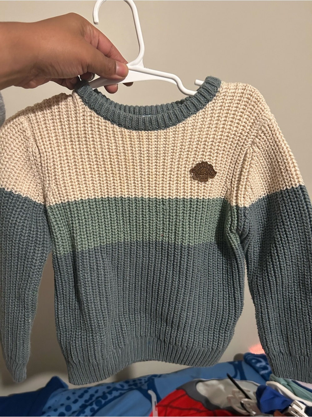 Cream and Sage Green Colorblock Knit Sweater